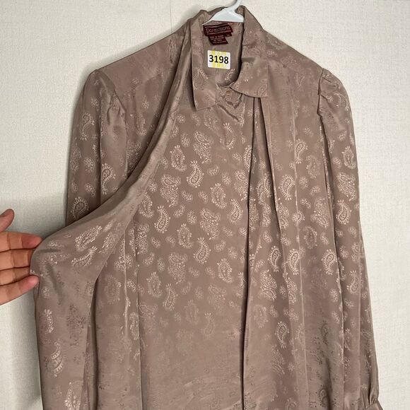 VTG Donaldsons Silky Blouse Womens sz 16 Taupe Paisley DeAttached Tie Mint Korea - Picture 6 of 9